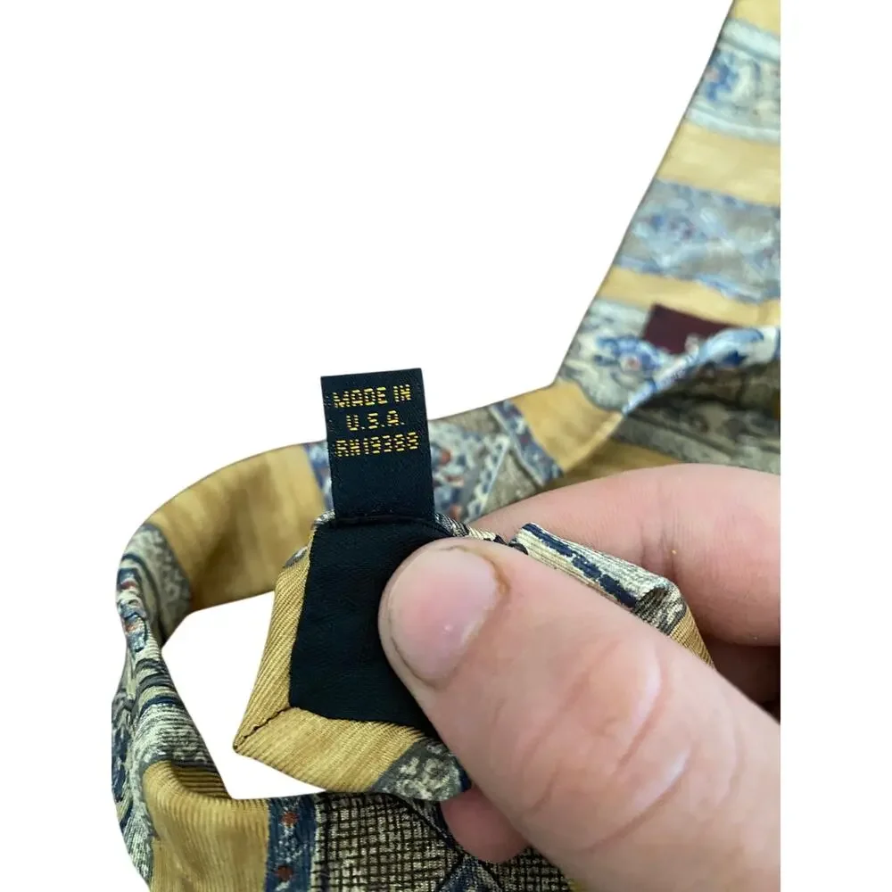 Etienne Aigner Silk Tie Gold Blue Floral Geometric Made In USA‎